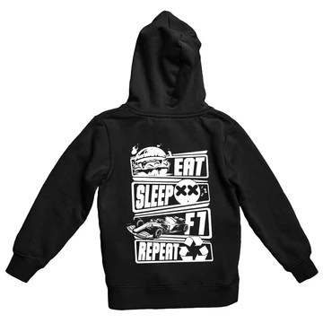 Eat Sleep F1 Repeat kapucnis pulóver (hátán nyomott) - Fekete
